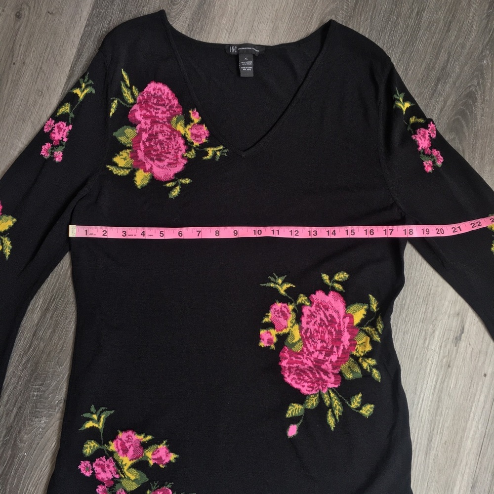 INC  Dramatic Sleeves Black V-Neck Sweater Pink Rose Embroidery - Picture 9 of 13